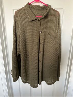Olive Green Waffle-Knit Button Front Women's Sweater